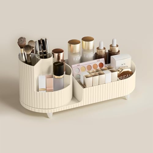 Image of ALOXE Makeup Organisers | 360 Rotating Brush Holder & Elegant Organizer Storage Box for Dressing Table, Skincare, Cosmetics & Accessories (Ivory)