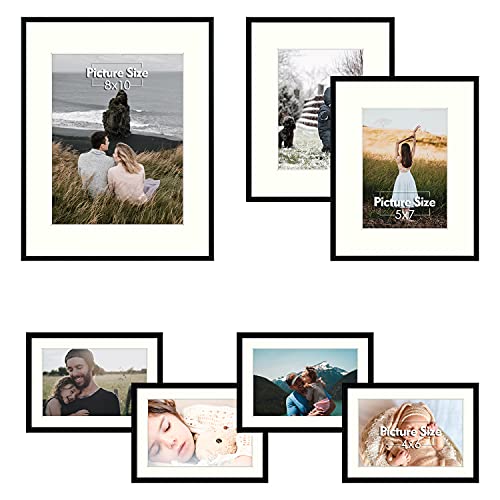 Mat Board Center, 7 Piece Black Aluminum Photo Frames Gallery Wall Kit with Ivory Color Mats, Metal Frame & Real Glass, Gallery Wall Frame Set of Multi Sizes (11x14-1 pc, 8x10-2 pcs, 5x7-4 pcs)