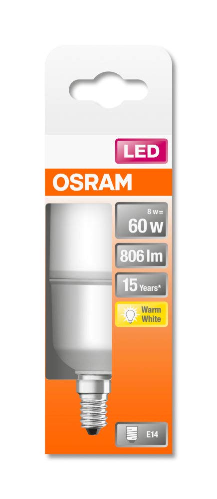 Osram LED-Lampe | Sockel: E14 | Warmweiss | 2700 K | 8 W | Ersatz für 60-W-Glühbirne | LED STAR STICK Energieeffizienzklasse A+ | 10er-Pack