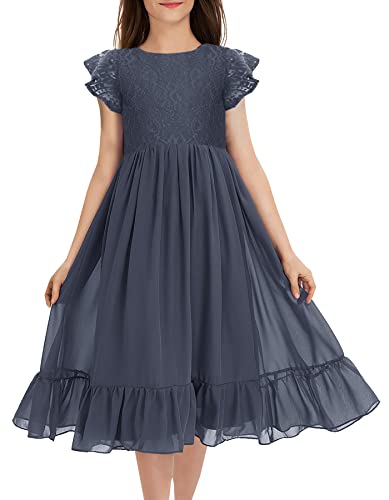 Mitilly Girls Elegant Lace Flower Crew Neck Ruffle Chiffon A-Line Flowy Birthday Party Midi Dress 12 Years Iron Blue #TOP13