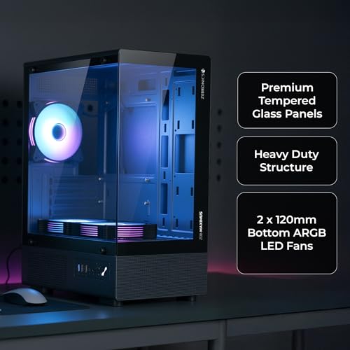 Image of Zebronics Gaming PC Cabinet, mATX /Mini-ITX Compatibility, AIO Cooler Support, 120mm ARGB Fans, Tempered Glass Design, Optimized Airflow, Magnetic Dust Filter, Bottom PSU, USB 3.0 (Maximus, Black)