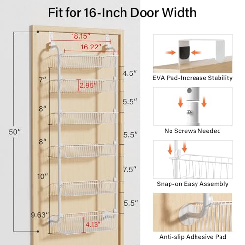 Image of Delamu Large Over the Door Pantry Organizer, 6-Tier Metal Pantry Door Organization and Storage for Easy Install, Hanging Spice Rack Seasoning Shelves for Cabinet & Kitchen, D6.7xW17.5xH53.7 in, White