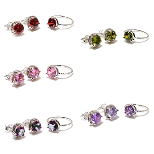 Morganite Gemstone Jewelry Set For Woman 925 Silver Stacked Solitaire Rings Band Stud Earrings For Girls (Yellow Gold Plated, 5.5) #TOP7