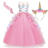 Chektin Unicorn Dress for Girls Unicorn Costume Pageant Princess Party Birthday Long Maxi Gown with Unicorn Headband Satin (Pink, 130 6-7 Years)