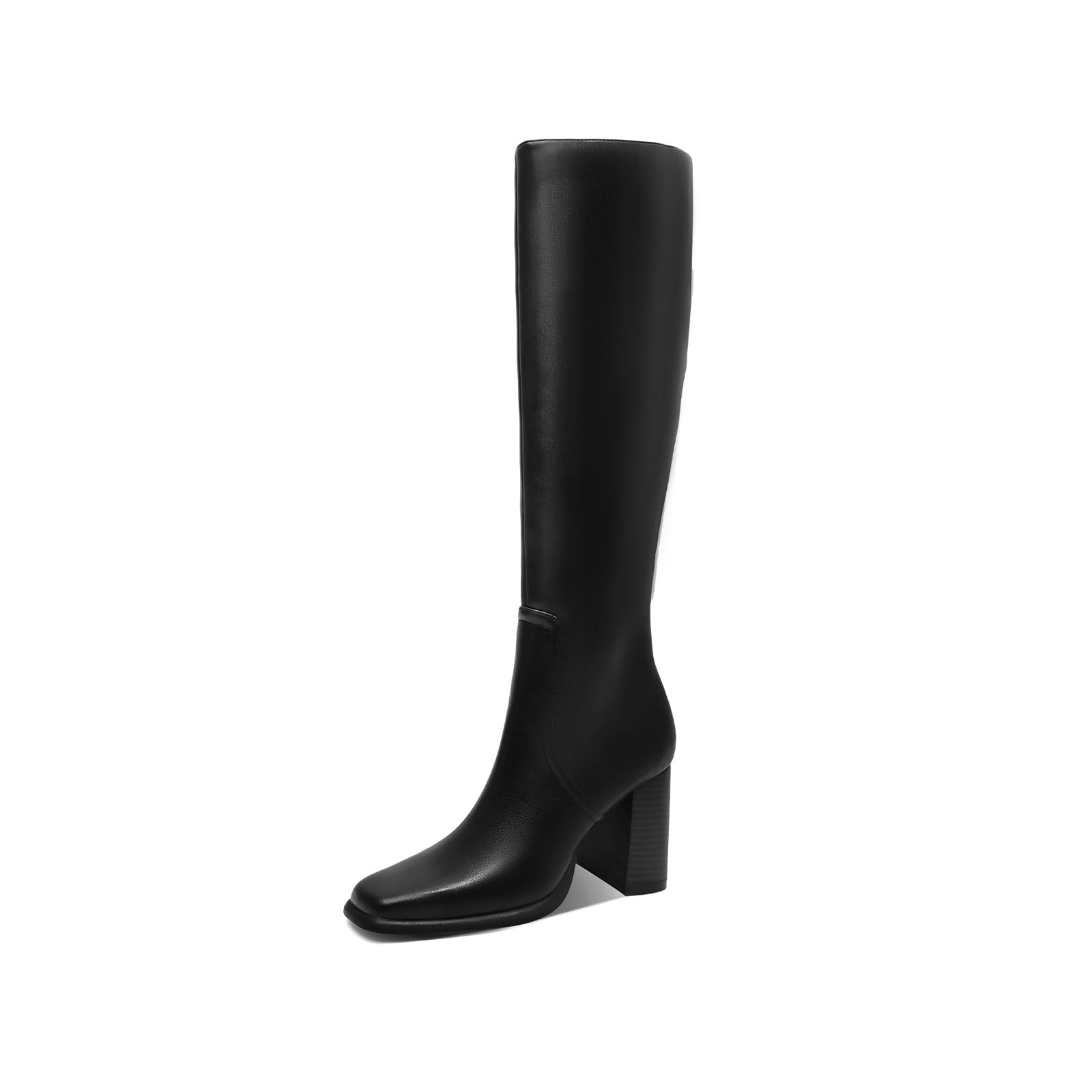 Knee High Boots for Women Square Toe Chunky Block Heel Long Tall Boots for Women Mid Calf Side
