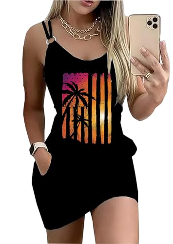 Image of Live Simple Coconut Tree Color Block Pocket Mini Dress Women Summer Beach Sleeveless Strap Tshirt