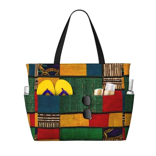 Grand sac fourre-tout d'été noir style africain patchwork 45x38x17 cm