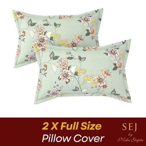 Image of SEJ by Nisha Gupta Bedsheet for Double Bed with Pillow Cover | 300 Tc Cotton Feel Microfibre Floral Printed Soft Bed Sheet & Wrinkle Free | Perfect for Home Decor | Size 230 X 240 Cm Green