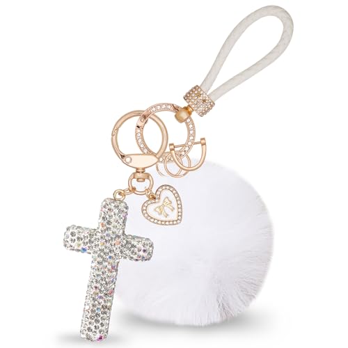 Cross Keychain, Glitter Cross Keys Ring Rhinestones Fashionable Bling Crystal Pompom Key Chain for Bag Key Phone Car Accessories(White)
