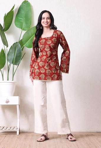 Image of MEERA FAB Women's Floral Printed Cotton Short Top | Floral Printed Kurta with Full Sleeves | Short Kurti for Women