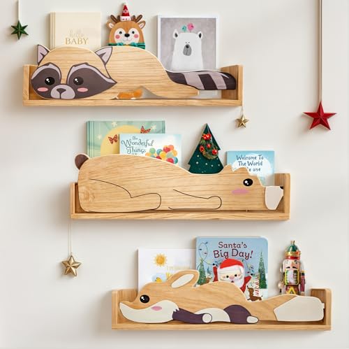 Image of Growing Animal 3 Floating Shelves, Wall Shelf for Kids Rooms, Woodland Nursery Bookshelves, Bear Fox and Raccoon 24inch