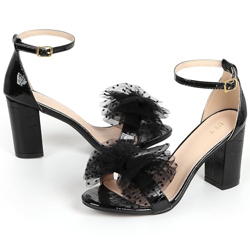 Perphy Ankle Strap Stone Printed Chunky Heel Black Bow Sandals for Women 7 M US by Perphy - Used condition - Image 3