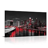 sechars Philadelphia Wall Art Canvas Black and White Red USA City Night Skyline Picture Photo Print Modern Philly City Schuylkill River Poster Painting for Home Office Living Room Decor (Red)