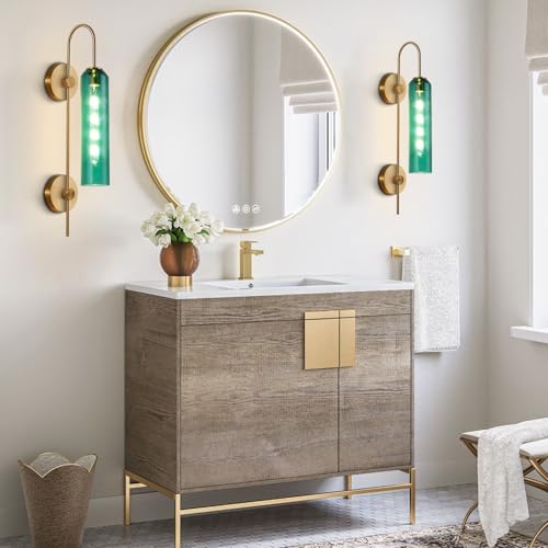 Image of BOKT Modern Gold Wall Sconce Green Glass Hardwired Bedside Wall Light Fixtures Mid Century Long Metal Wall Sconce Single Hardwired Bathroom Bar Wall Lamp (Green)