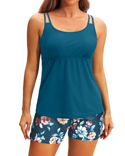 Image of Tempt Me Two Piece Tankini Swimsuits for Women Tummy Control Bathing Suit with Shorts Athletic Two Side Pockets Swimwear