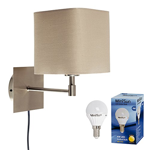 MiniSun | Modern Beige Polycotton Brushed Chrome Wall Light | Reading Lights, Home Décor & Improvement Essential | Includes 1 x 4W LED Bulb [3000K Warm White]