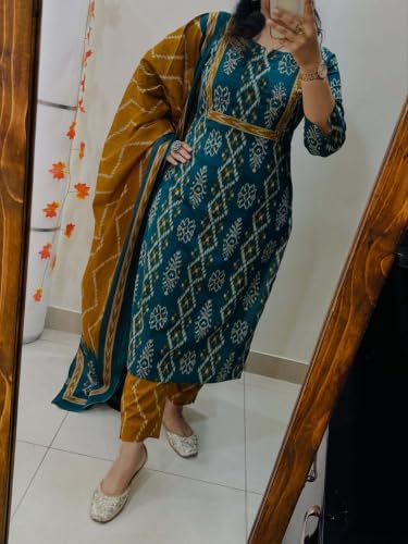Image of ANNI Designer Women Kurta Set with Dupatta | Cotton Printed Straight Kurta Pant Dupatta Set | 3 Piece Kurti Set for Women | 3 /4 Sleeve Round Neck Cotton Suit for Daily Office Party Wedding
