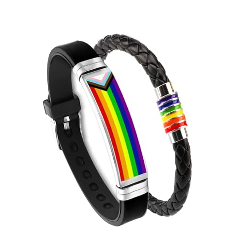 Generic Rainbow Bracelet 2 Pack, Stainless Steel & PU Leather, LGBTQ Pride Wristbands, Adjustable, Perfect for Pride Month Gifts