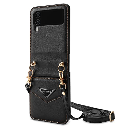 Ephoou Crossbody Wallet Phone Case For Samsung Galaxy Z Flip 3 5G, Removable Long Lanyard Leather Case With Card Holder Cover For Samsung Galaxy Z Flip3 Black #TOP6