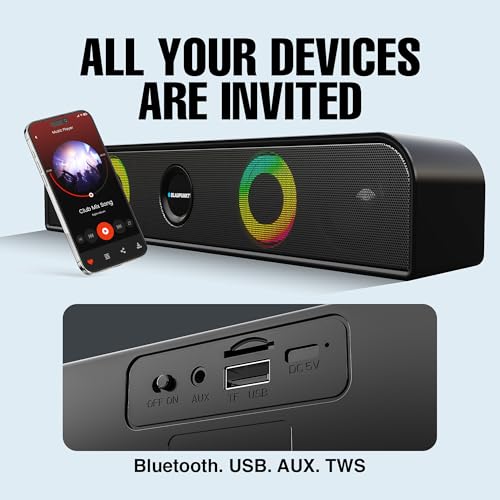 Image of Blaupunkt SBA10 Kolors (2025 Launch) 16W Bluetooth Soundbar |Dual Passive Radiators I Dual Ring Lights | Aero Edge Design | USB, AUX, BT, TWS | 8H Playtime | Portable Bluetooth Speaker (Black)