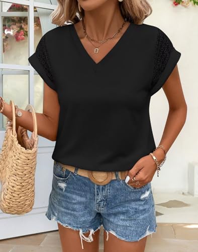 Bliwov Womens Summer Tops Trendy V Neck Lace Short Sleeve Fall Tshirts Dressy Casual Business Outfits Beach Vacation Clothes2