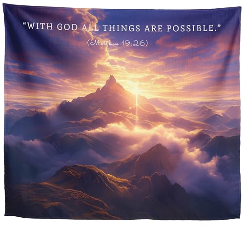 Xolytar Bible Verse Tapestry With God All Things Are Possible - Matthew 19:26 Scripture Wall Art, Large Catholic Religious Decor, Holy Spirit Mountain Landscape (Purple Gold, 60x50)