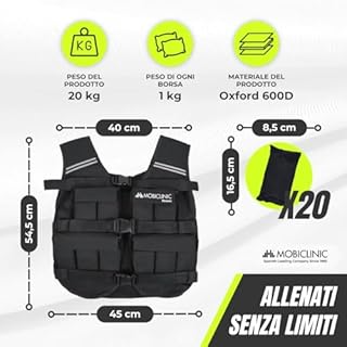 Mobiclinic®, Gilet con zavorra, Regolabile, 20 kg, Tessuto oxford 600d, Peso incluso, Strisce riflettenti, Per aumentare il carico e l'intensità dell'allenamento, Iron20