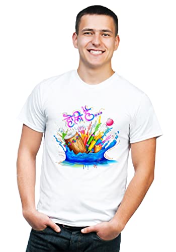 Image of Knitted Polycotton Fabric Regular Fit Men Boys Half Sleeve T-Shirt for Festival of Holi Style 9 White Size : Free