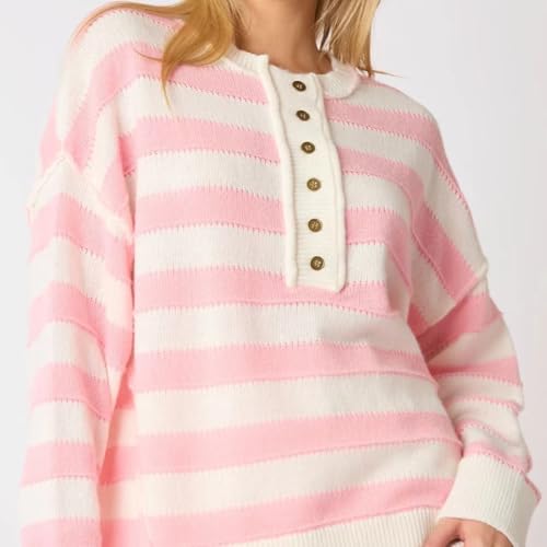Women's Y2k Preppy Striped Sweater Drop Shoulder Long Sleeve Round Neck Button-up Oversized Pullover Tops4