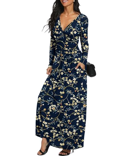 Image of LILBETTER Women Long Sleeve Deep V Neck Loose Plain Long Maxi Casual Dress