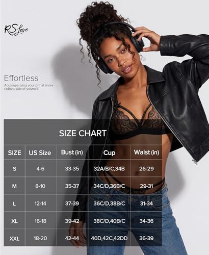 RSLOVE Damen Dessous Set mit Strumpfhalter - 3-teiliges Spitzen Teddy Babydoll Bodysuit Schwarz Mittel