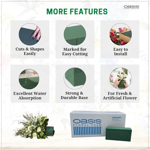 Image of Oasis Pack of 20 Advantage Floral Foam Bricks | Green Florist Foam Blocks for Flower Arrangements in Home Decor, Weddings, Events, Festivals & More | Size 9 x 3 x 4 Inches (2320-20)