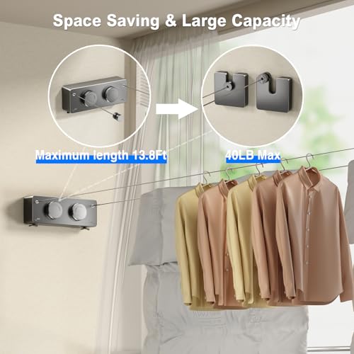 Image of MUSTORN Retractable Twin Clothesline Indoor, Non-Sagging Outdoor Clothes Line Retracting Heavy Duty Clothes Drying Laundry Line Wall Mounted Stainless Steel Line-13.8Feets(Double Line-Gray)