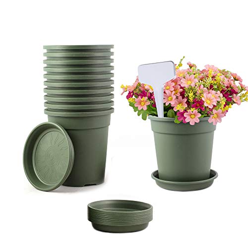 TRUEDAYS 10 PCS 1 Gallon Plastic Garden Flower Pots with Drainage Seeding Plant Container Nursery Pot with Saucers Green