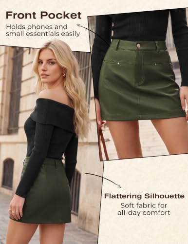 Kate Kasin Women Fall Green Leather Mini Skirt with Shorts Underneath 2XL — view 4