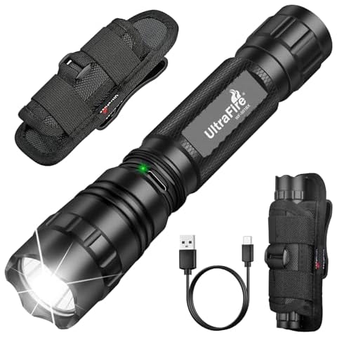 ULTRAFIRE Tactical Flashlight with Holster for Duty Belt, 1000 High Lumen Police Flashlight with Belt Holster, Rechargeable Law Enforcement Flashlight, 3 Modes Security Flashlights WF-501BX Cover