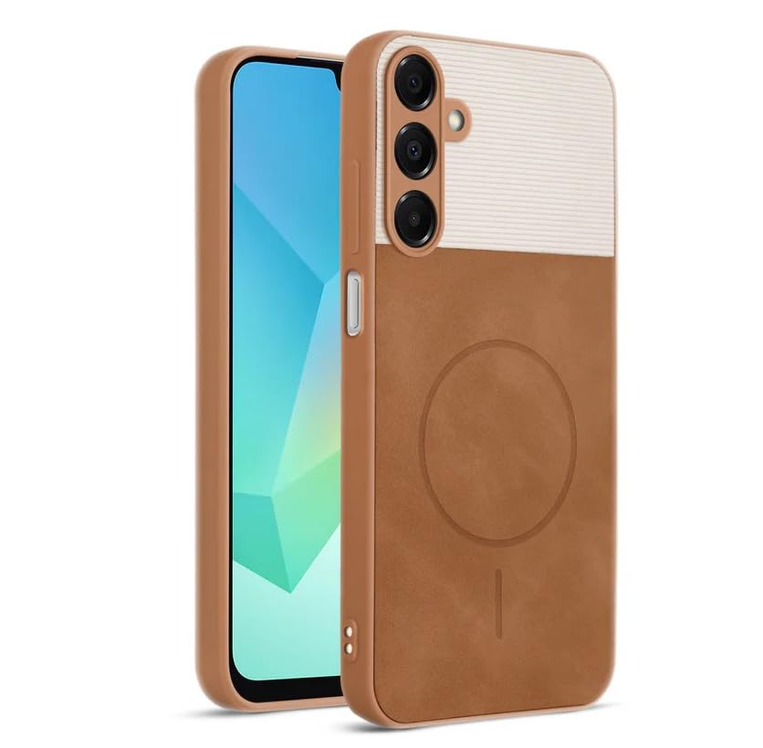 Image of Bintage CASE Mac Safe Design Hard Light Weight Back Case | Soft Border Camera Protect | Dual PU Leather Finish Back Cover Compatible for Samsung Galaxy A16 5G - White & Brown