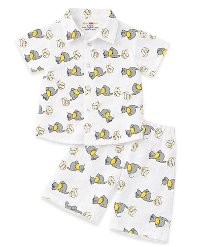 Image of Kuchipoo Boys 100% Muslin Organic Cotton Co-Ord Set | Printed Half Sleeve Shirt & Shorts | Soft Breathable Fabric | Casual Summer Wear | Boys Stylish Outfit