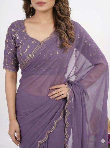 Image of Chinon Silk Saree with Embroidered Blouse, Traditional Georgette Saree, Elephant Embroidery Pattern, V-Neck Design, Free Size, Festival Wear