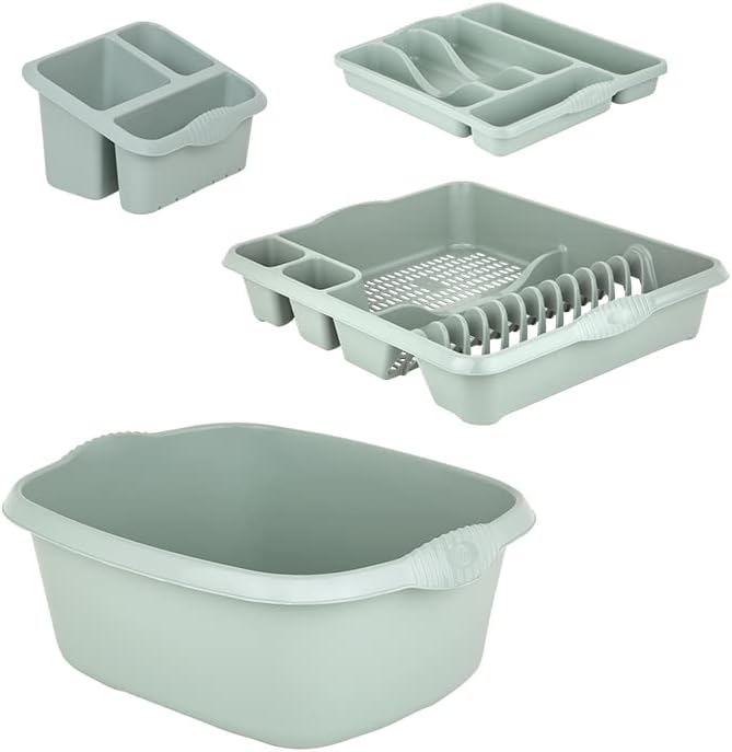 JMS we create smile [𝐒𝐞𝐭 𝐨𝐟 𝟒] Plastic Dish Drainer with Sink Tidy, Washing Up Bowl & Cutlery Tray-Home/kitchen Accessories (Silver Sage)