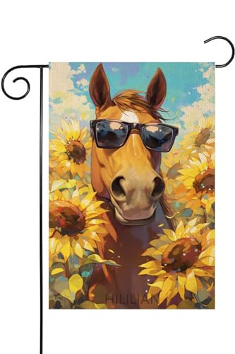 HILILIAN Horse Garden Flag Hello Spring Summer 12x18 Inch Double Sided Vertical, Linen Small Sunflower Floral Welcome Garden Yard House Flags Outside Outdoor House Spring Decoration(5143)