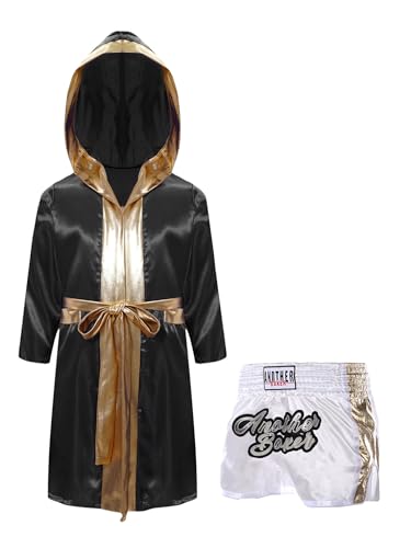 JEATHA Kids Boys Kickboxing Outfits Long Satin Boxing Robe Hooded Boxer Cloak with Belt And Martial Arts MMA Shorts