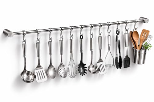 Stainless Steel Hanging Rail with 12 Removable Hooks – Heavy Duty Kitchen Utensil Rack, Wall Mounted Storage Bar for Pots, Pans, Mugs, Towels & Tools – Space Saving Organiser for Home & Office