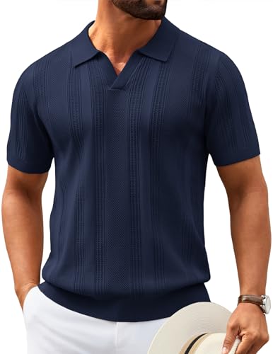 Image of COOFANDY Mens Knit Polo Shirts V Neck Textured Polo Shirts Short Sleeve Breathable Polo Casual Collared T Shirt Fashion Tops