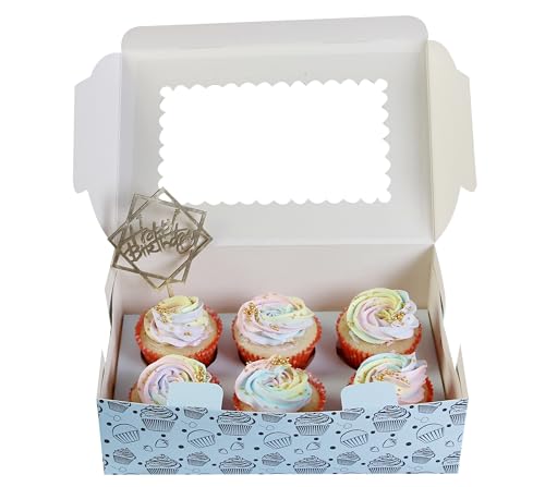 Image of mudrit Cupcake Boxes with Insert Trays (Pack of 10), Cupcake Carrier, Food Grade Bakery Boxes with Windows to fit 6 Cupcakes, Muffins or Pastries (Blue)
