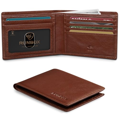 RUNBOX Leather Wallets for Men, RFID Slim Bifold Card Holder Cash Pocket, vintage-Rust, Classic