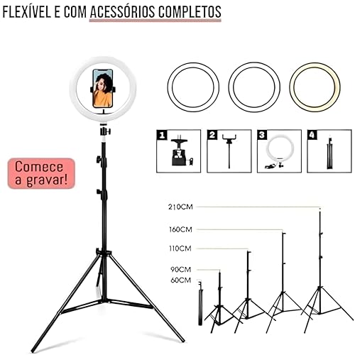 Iluminador Ring Light 12 Polegadas, 30 cm, com Tripé e Dimmer para Gravação Instagram (Stories, Reel