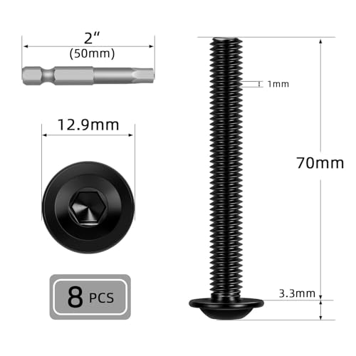 Image of M6-1.0 x 70mm 8 PCS Flanged Button Head Socket Cap Bolts Screws, Stainless Steel 304, Allen Socket Drive, Screwdriver Bit Included, Black Finish, Fully Machine Thread