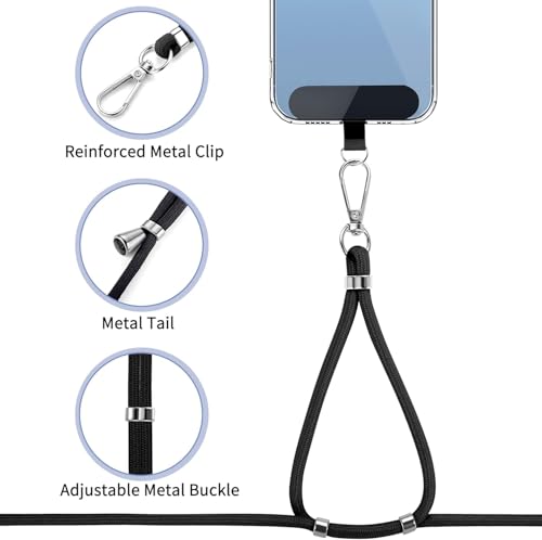 Cordon para Movil Universal, 2 Piezas Cuerda Ajustable 1,6m, Correa para Cuello y Muñeca, Compatible con Todos los Teléfonos Inteligentes y la Mayoría de Fundas, Negro - imagen 2