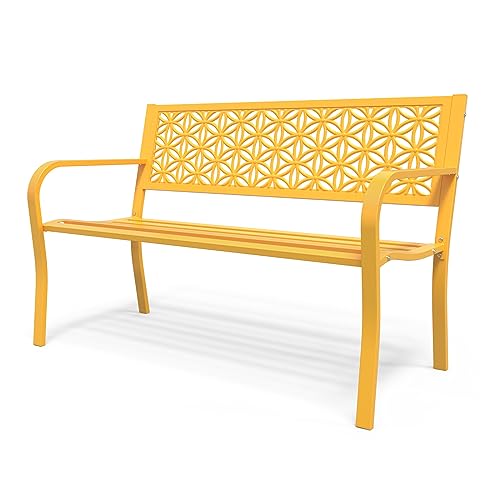 Image of VINGLI 50 inch Outdoor Bench Metal with Floral Back, Garden Bench Front Porch Bench for Yard Patio Entryway Park Outside, 800lb Capacity - Yellow